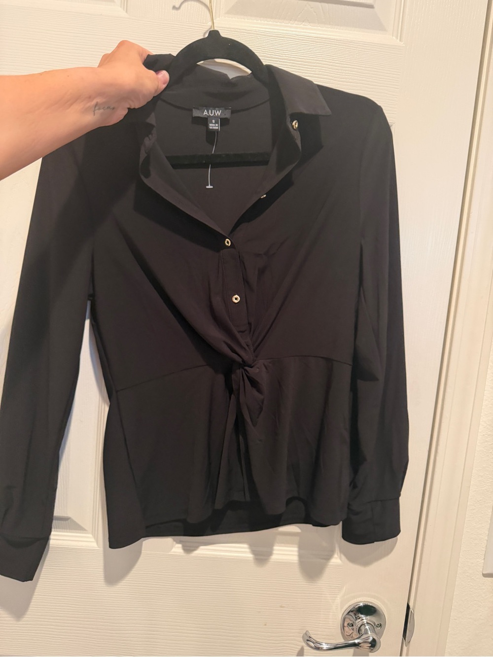 AUW Black Tie-Front Button-Down Blouse
